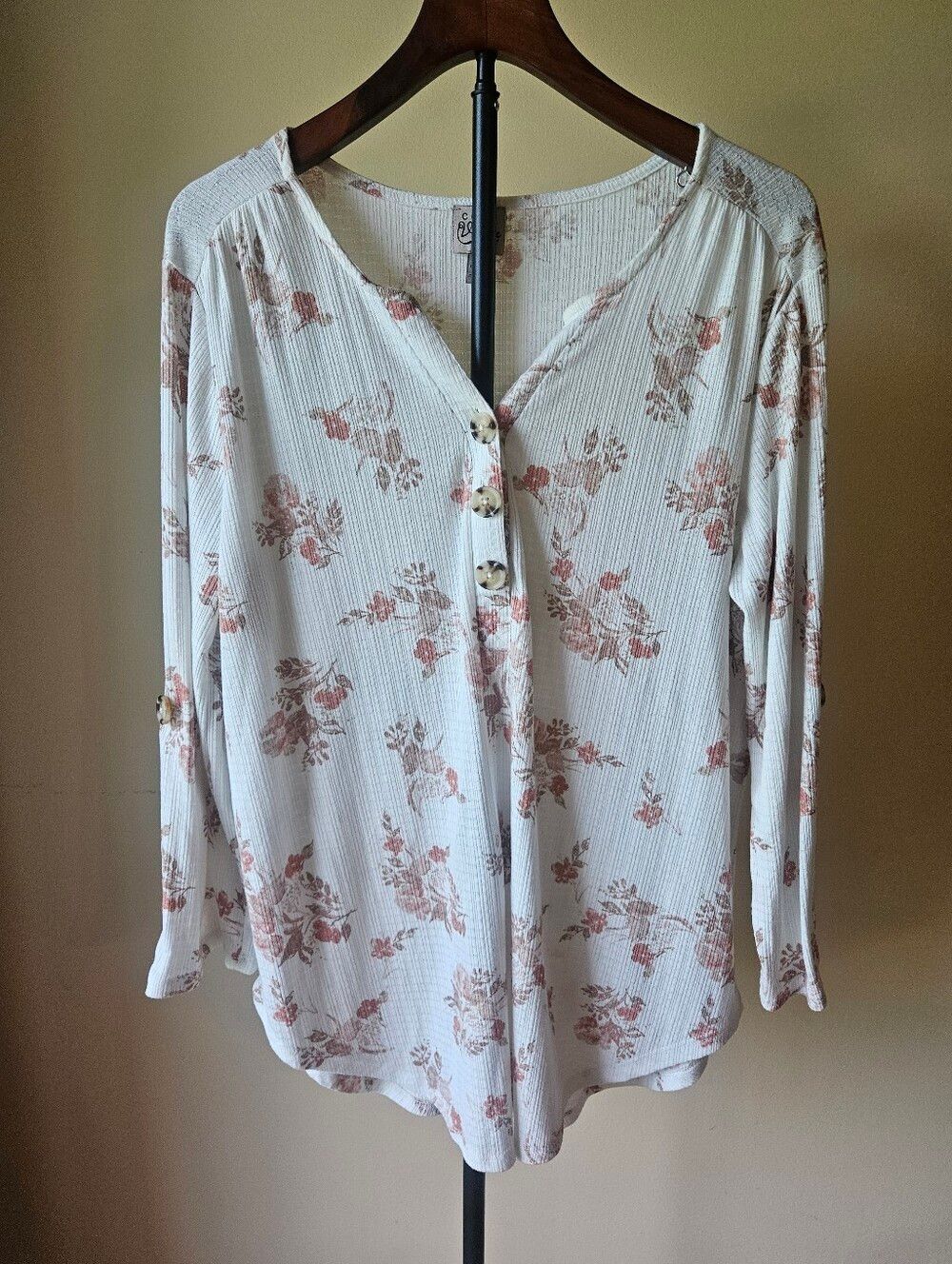 Como Vintage Cream Button-Front Top with Pink Floral Print Size XL